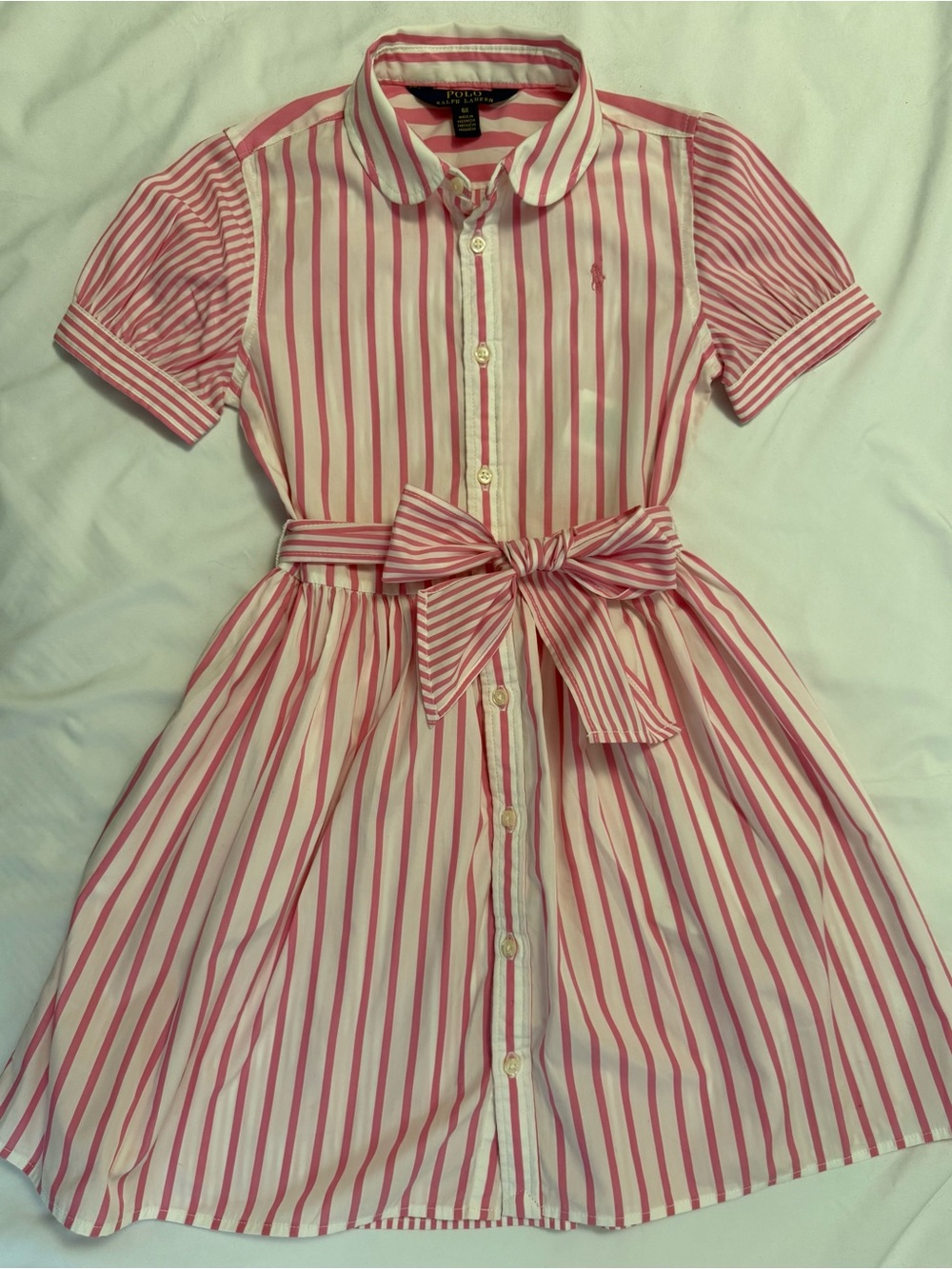 Polo by Ralph Lauren Pink & White Striped Shirt Dress with Bow